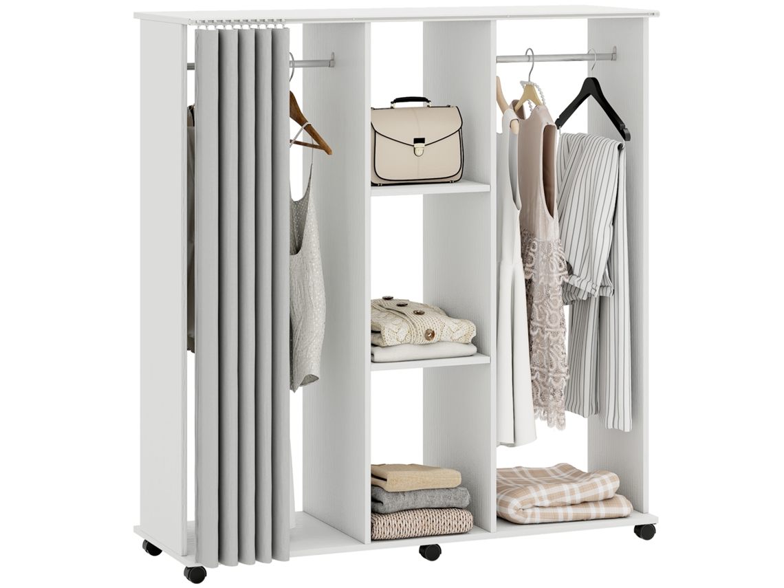 Guarda-roupa Móvel Com 6 Rodas 120x40x128h, Unidade De Armazenamento Em Madeira Branca