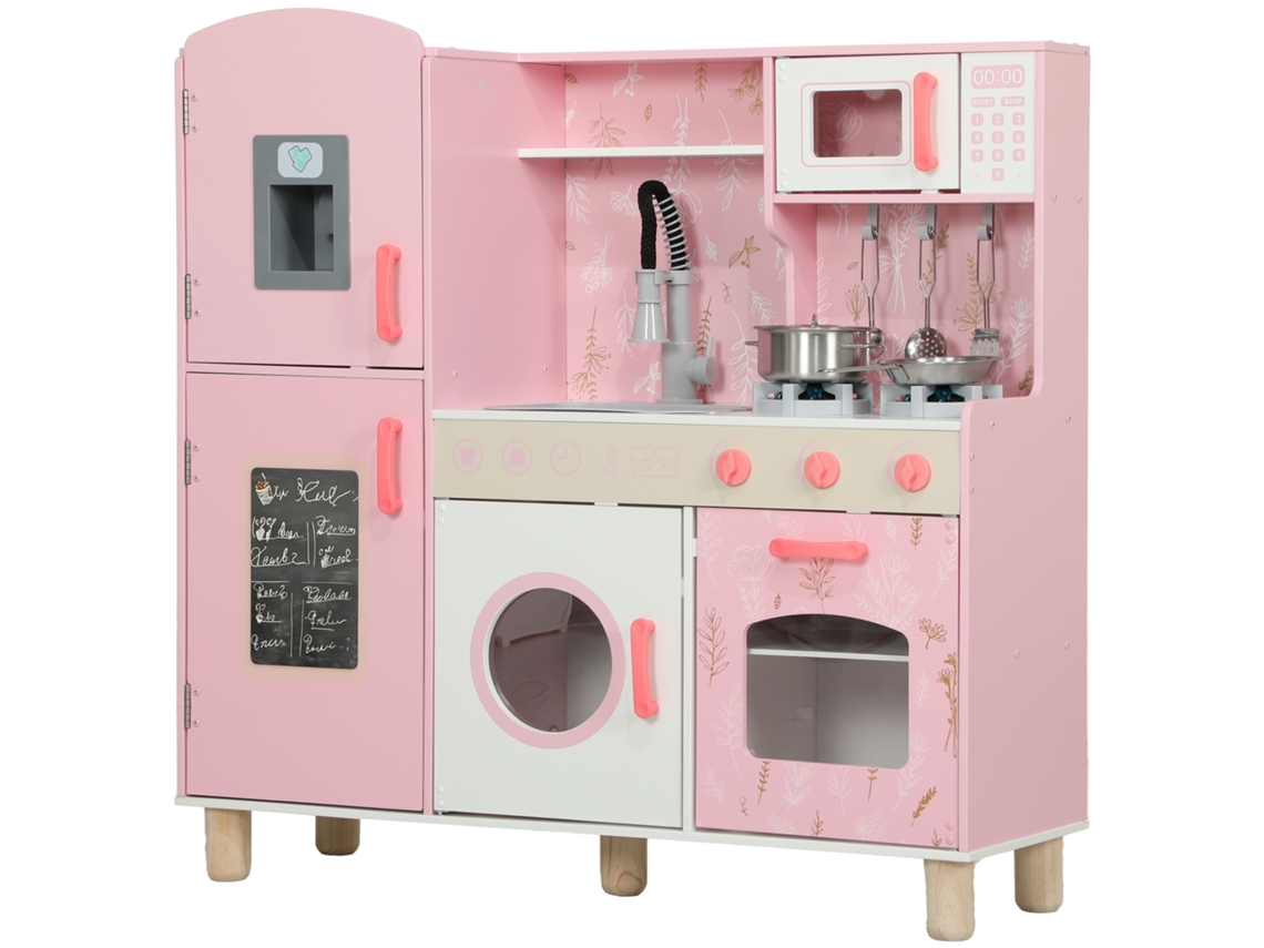 Cozinha de Madeira para Crianças com Sons Fogão Forno Micro ondas Máquina de Gelo e Acessórios 90x33,3x91,6 Cm Rosa LAMAISON