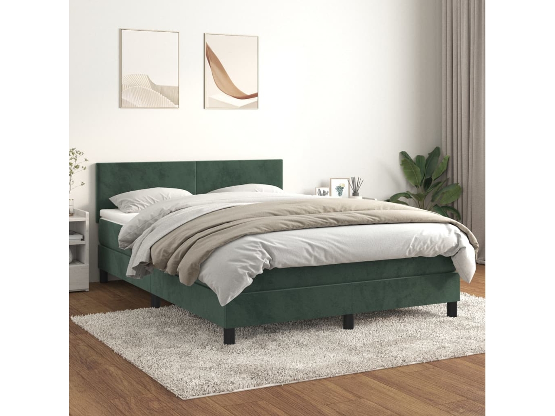 Cama Com Molas/colchão 140x190 Cm Veludo Verde-escuro