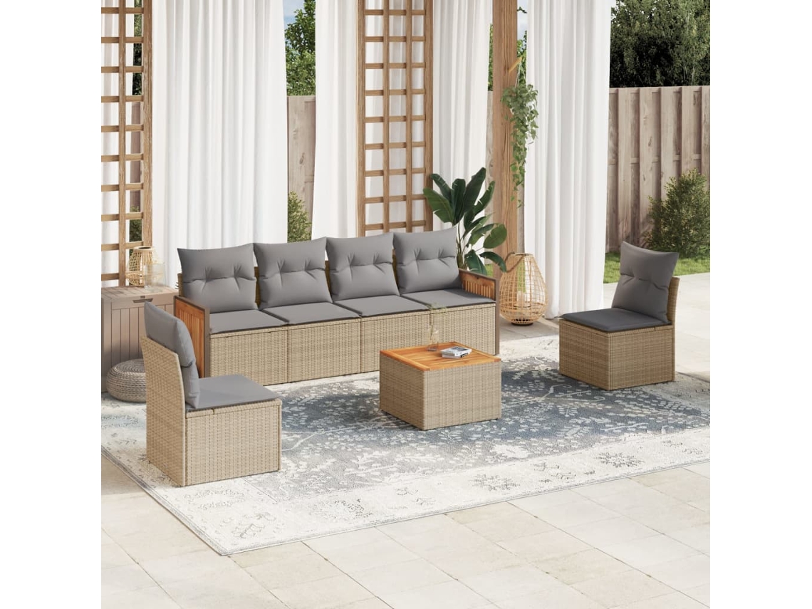 Vidaxl 7 Pcs Conjunto De Sofás P/ Jardim Com Almofadões Vime Pe Bege