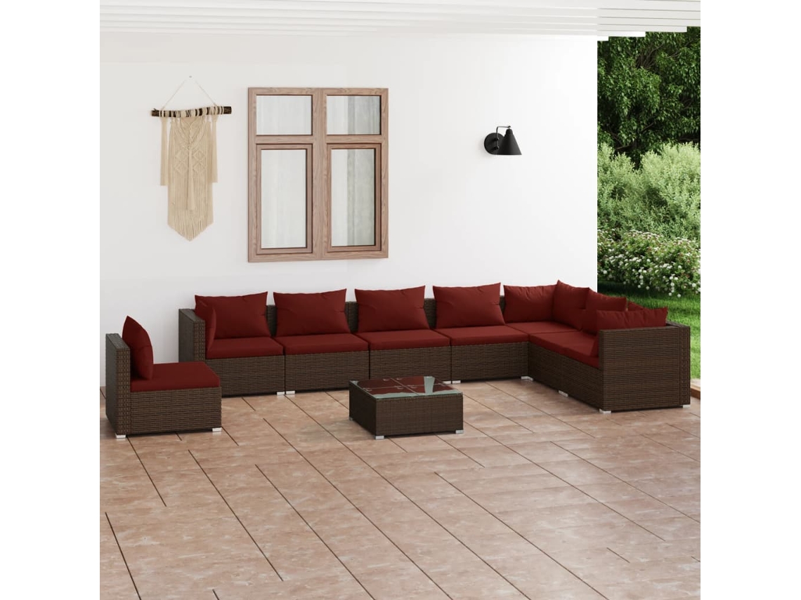 9 Pcs Conjunto Lounge De Jardim C/ Almofadões Vime Pe Marrom Dkd Home Decor