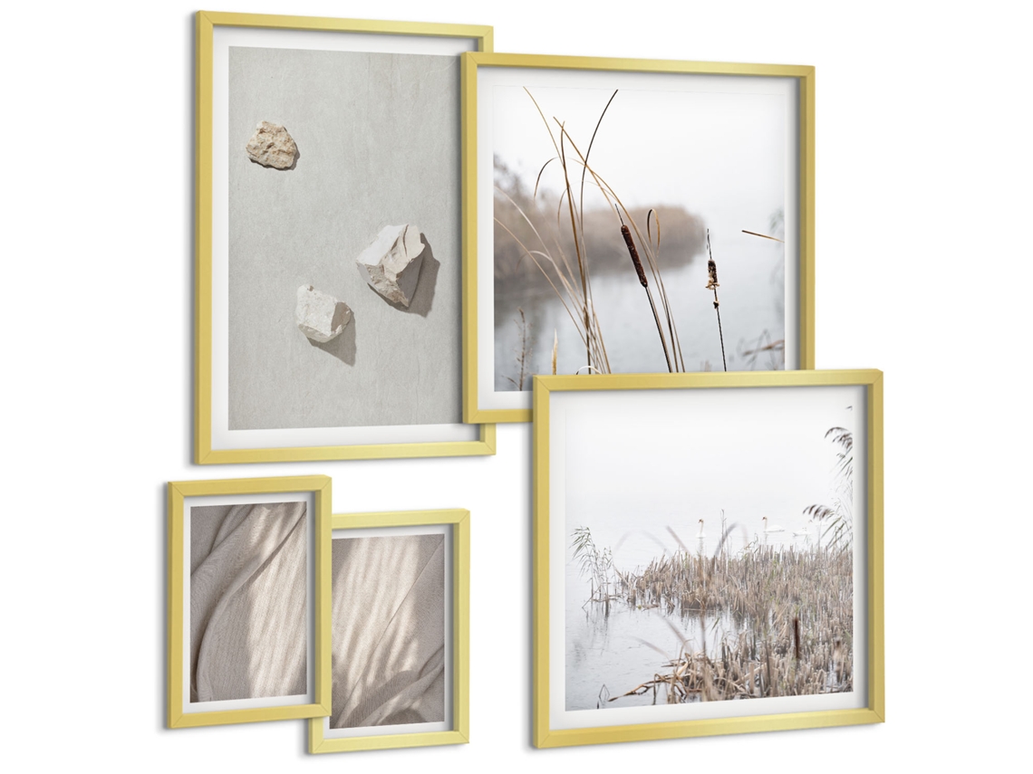 Pinturas Murais Modernas Paisagem Grama Flores Quente Moldura Dourada Fotos Para O Escritório Espelharte (conjunto De 5 Imagens)