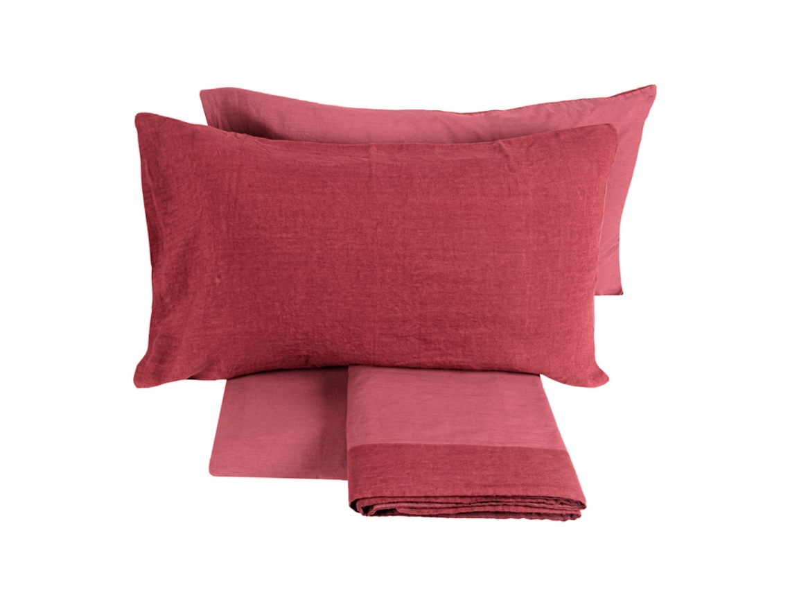 Completo Letto Matrimoniale Fazzini In Lino E Cotone Con Trattamento Stonewashed Color Geranio