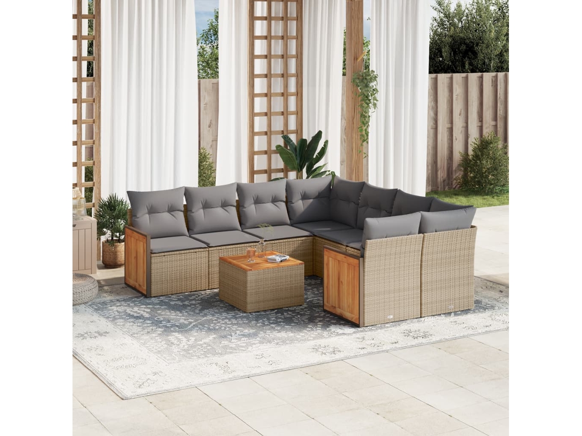 9 Pcs Conjunto De Sofás P/ Jardim Com Almofadões Vime Pe Bege Dkd Home Decor
