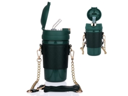 Garrafa térmica Rebe-Linjou em aço inoxidável com tampa, compartimentos e alça ajustável, 480ml, verde.