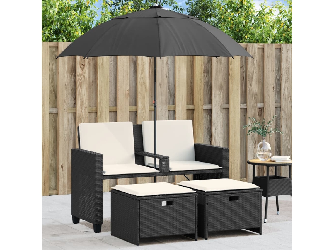 Vidaxl Sofá De Jardim 2 Lugares Com Guarda-sol E Bancos Vime Pe Preto