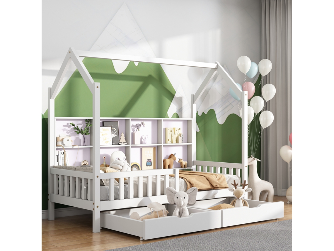Cama Infantil Em Formato De Lareira, Branca 90x200cm, Com Estante Multifuncional, Gavetões E Nichos Para Livros E Objetos.