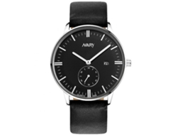 Relógio masculino à prova d'água com movimento de quartzo, pulseira de couro sintético, mostrador redondo, nas cores prata e preto.