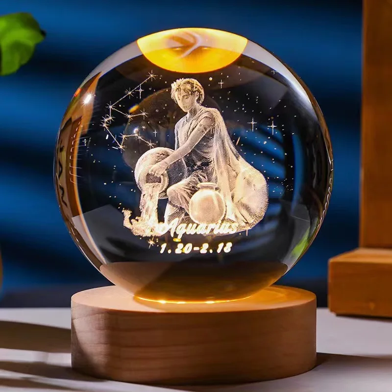 Bola de Cristal de 6,8cm com Doze Constelações, Base de Madeira com Led MDUG (aquário 8x8cm com Luz)