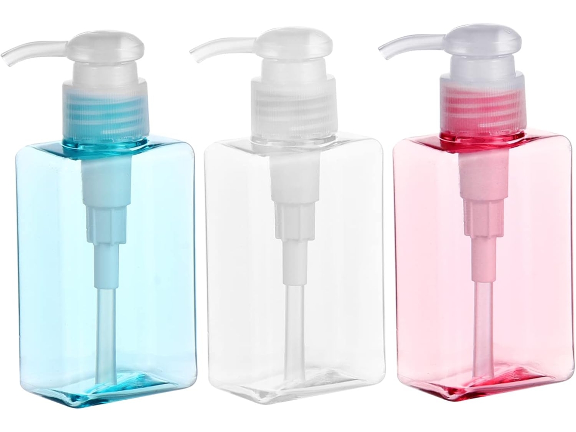 Conjunto De 3 Frascos De Plástico Vazios Com Bomba Dosadora Para Viagem, Nas Cores Azul Transparente E Rosa.