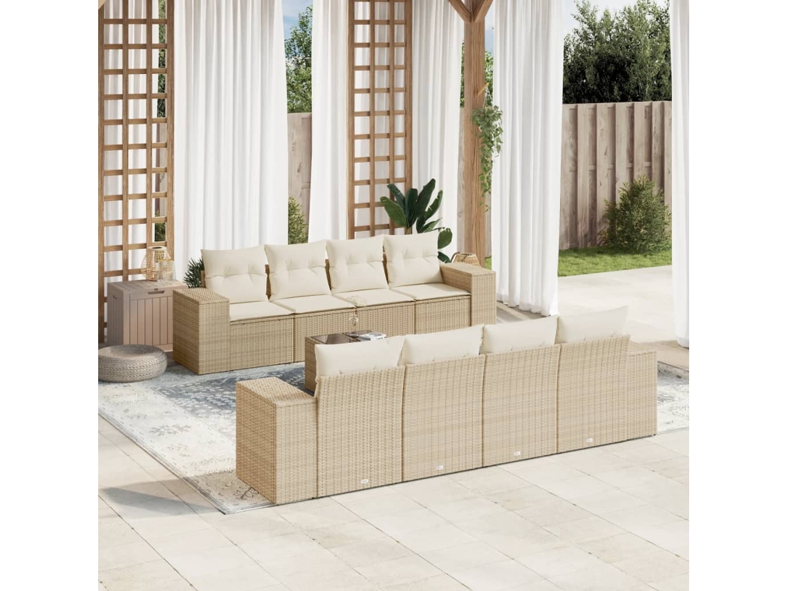 Vidaxl 9 Pcs Conjunto De Sofás P/ Jardim Com Almofadões Vime Pe Bege