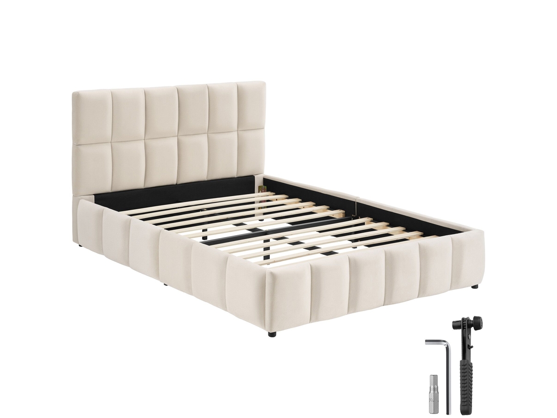 Cama Estofada Tectake Com Base Ripas, Moderna E Conforto Design, Mdf E Aço, 133x220x93cm, Veludo Areia
