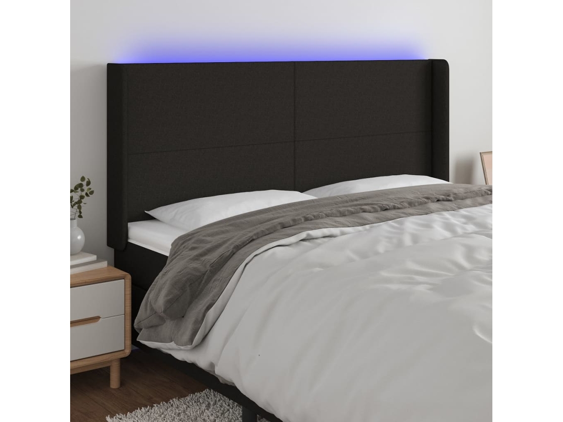 Vidaxl Cabeceira De Cama C/ Luzes Led Tecido 203x16x118/128 Cm Preto