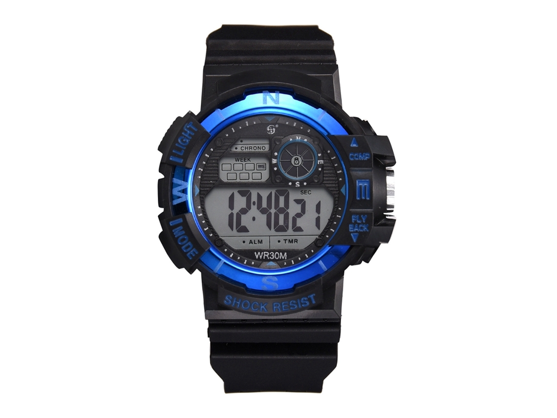 Relógio masculino casual para estudantes com pulseira de silicone à prova d'água, azul.