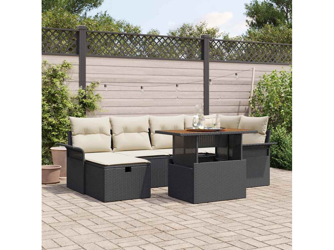 Vidaxl Conjunto De Sofá De Jardim 7 Unid. Preto Vime Pe
