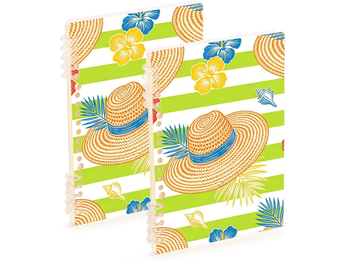 Conjunto de 2 Cadernos Espiral A5 com Estampa Concha e Chapéu Praia, 21,1 X 14,5 Cm, Resistentes, 60 Folhas Pa