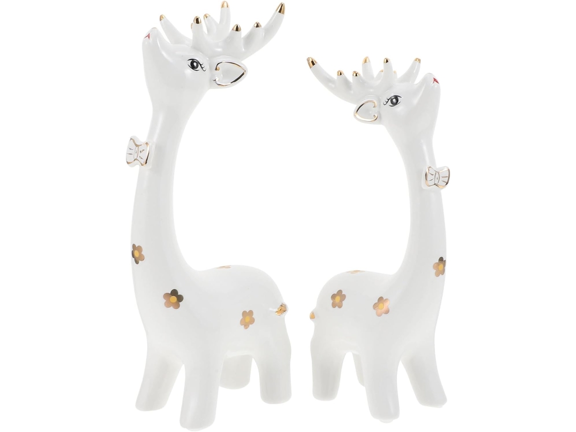 Conjunto 2 Estatuetas Veados Cerâmica Branca Itens Decorativos Criativos Estáveis Escritório Acabamento GOKOCO
