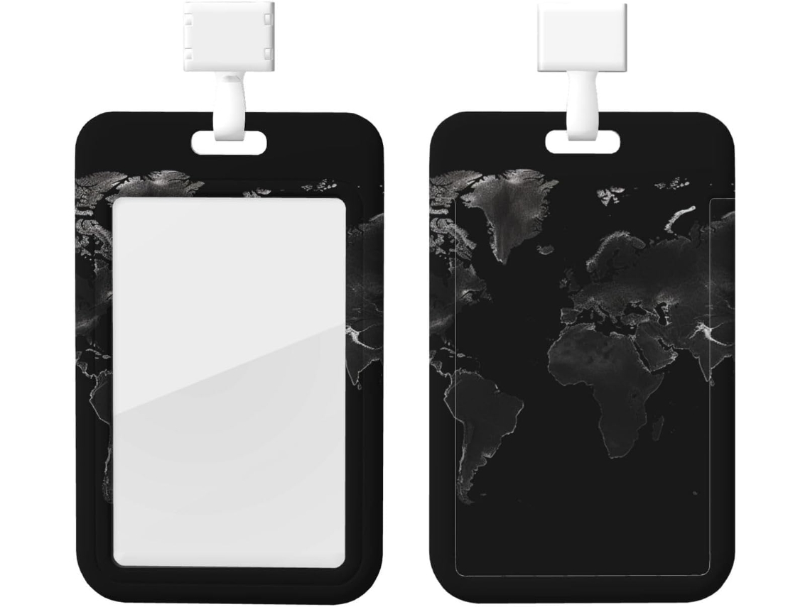 Porta Crachá Com Estampa De Mapa Múndi Preto E Cordão, Capa Protetora De Plástico Impermeável Crachás, Ideal