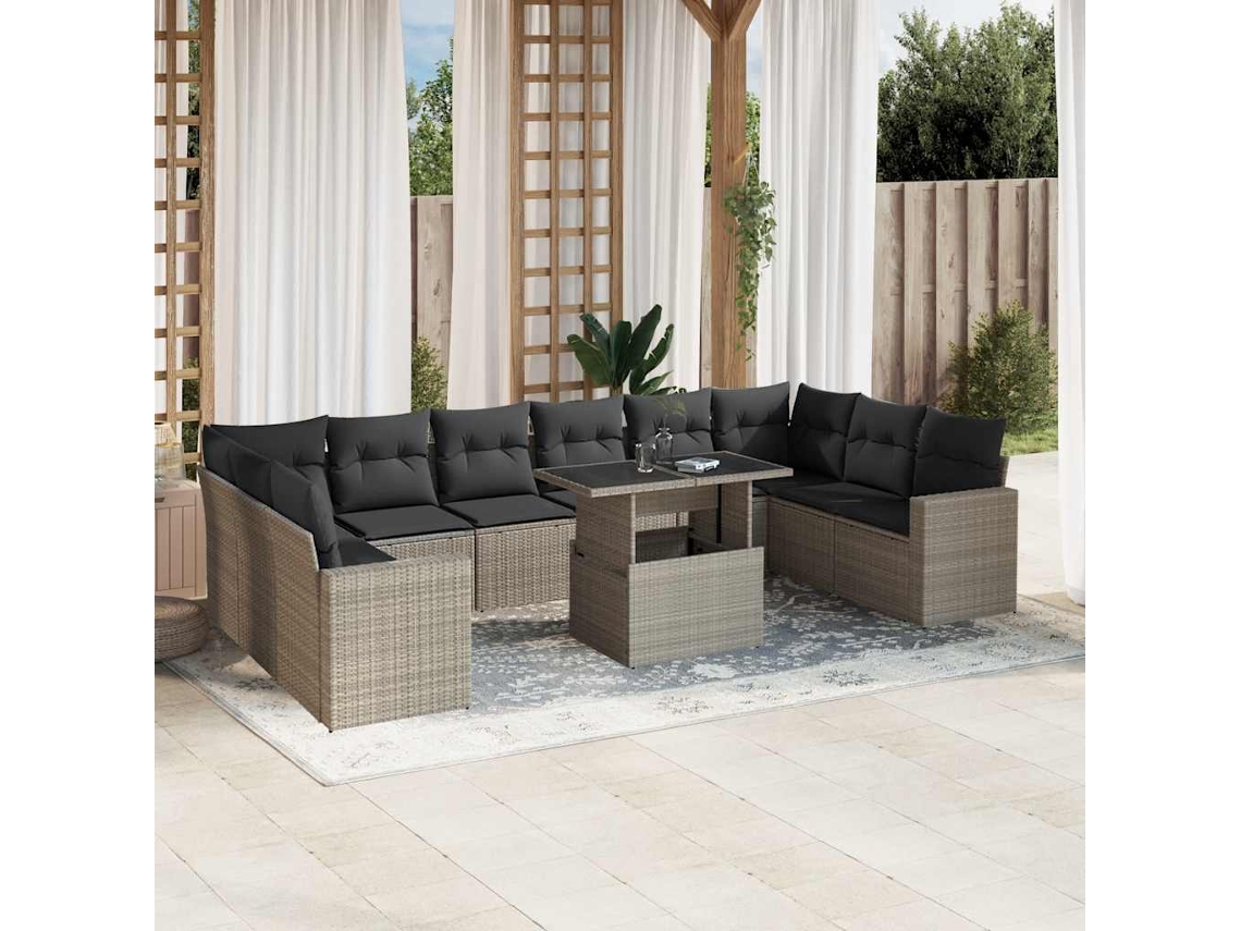 Vidaxl 11 Pcs Conjunto Sofás De Jardim C/ Almofadões Vime Pe Cinzento