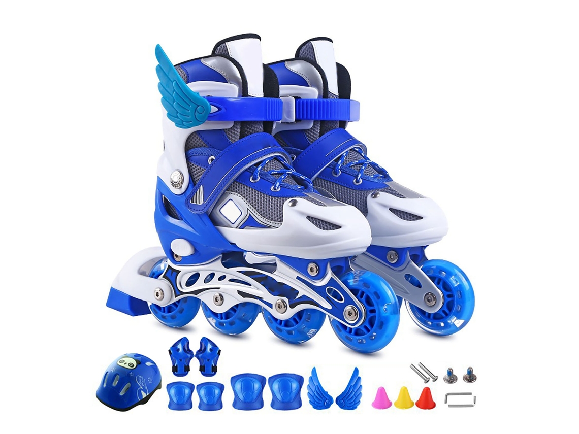 Ats patsins em Linha Ajustáveis para Crianças com Rodas Iluminadas Resistentes a Impactos Azul Branco