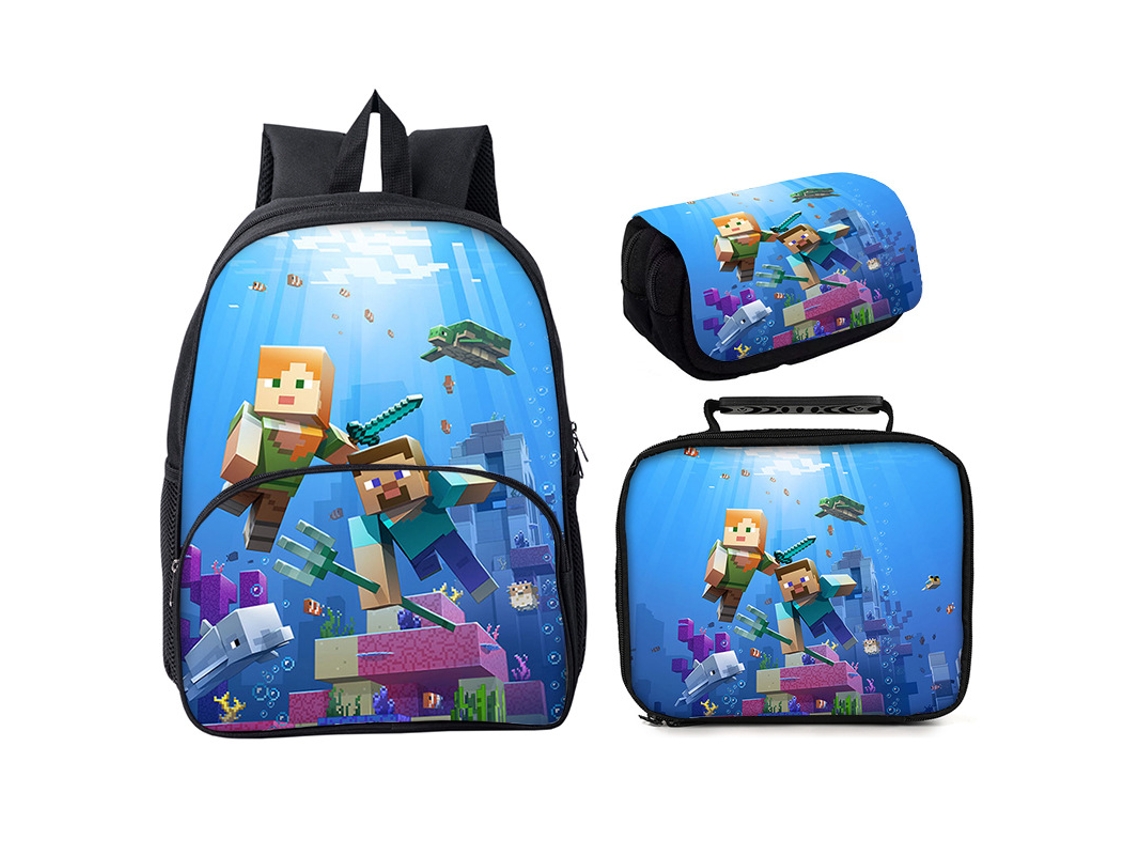 Mochila Minecraft Steve De Três Peças, Modelo 1, Tamanho 1 (16 Polegadas)