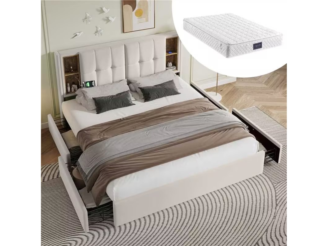 Cama De Casal Com Carregamento Sem Fio Usb C 4 Gavetas, Cama Estofada Estrutura 160x200cm, Base Ripada Feita De Veludo Madeira-bege Com Colchão