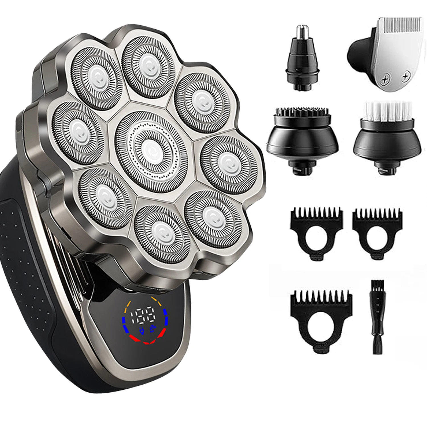 (prateado) Barbeador De 9 Lâminas, À Prova D'água Ipx6, Para Uso Seco E Molhado, Com Visor Led E Lâminas Rotativas.