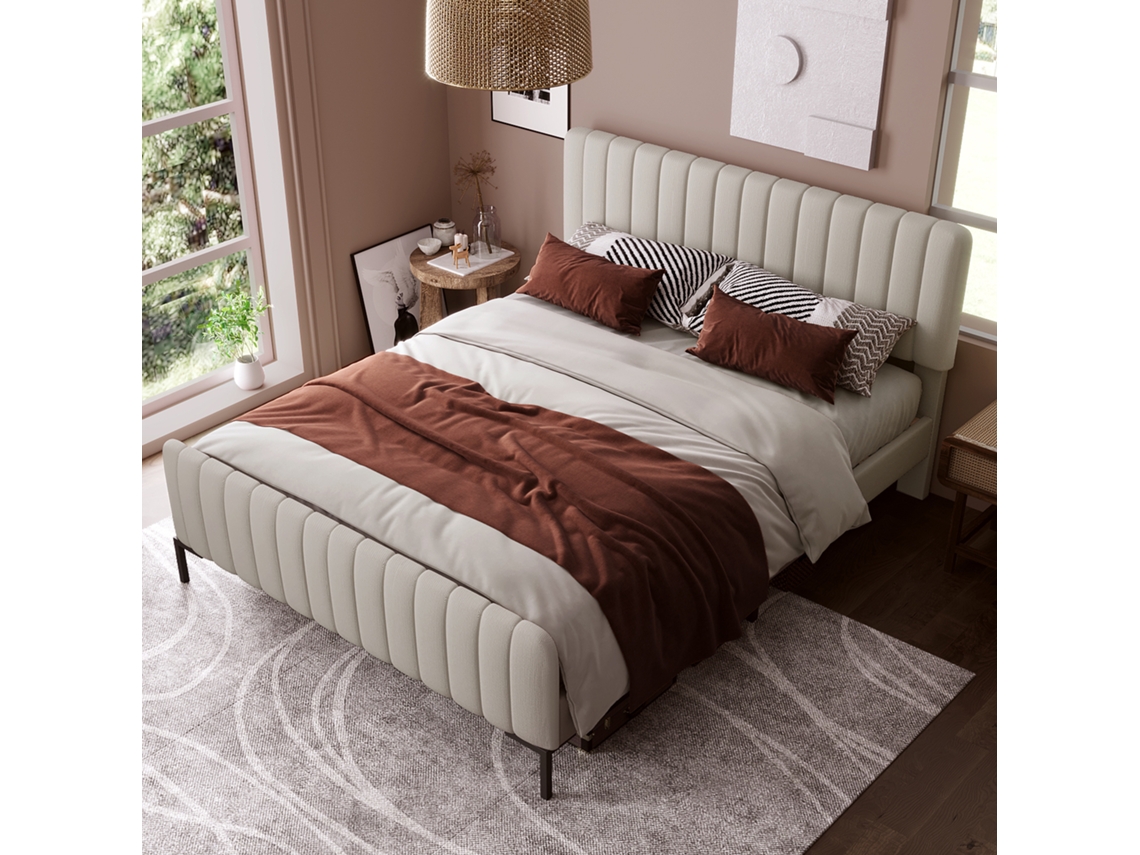 Cama Casal 140x200cm Estrutura Colchão Cabeceira Ajustável Cinza-bege