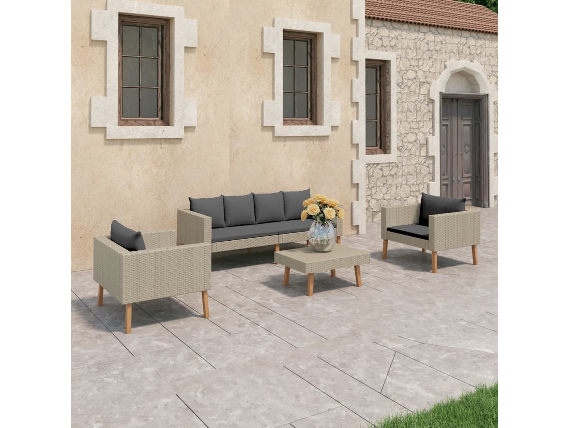 4 Pcs Conjunto Lounge De Jardim C/ Almofadões Vime Pe Bege Dkd Home Decor
