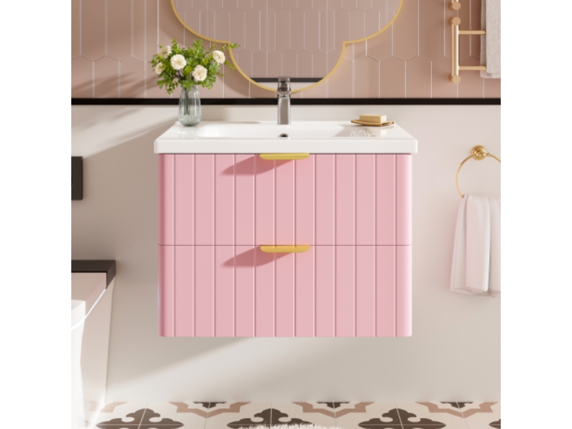 Móvel De Casa De Banho Suspenso Com 1 Lavatório - Duplo Armazenamento, Mdf Resistente À Humidade, Lavatório Cerâmico - Rosa