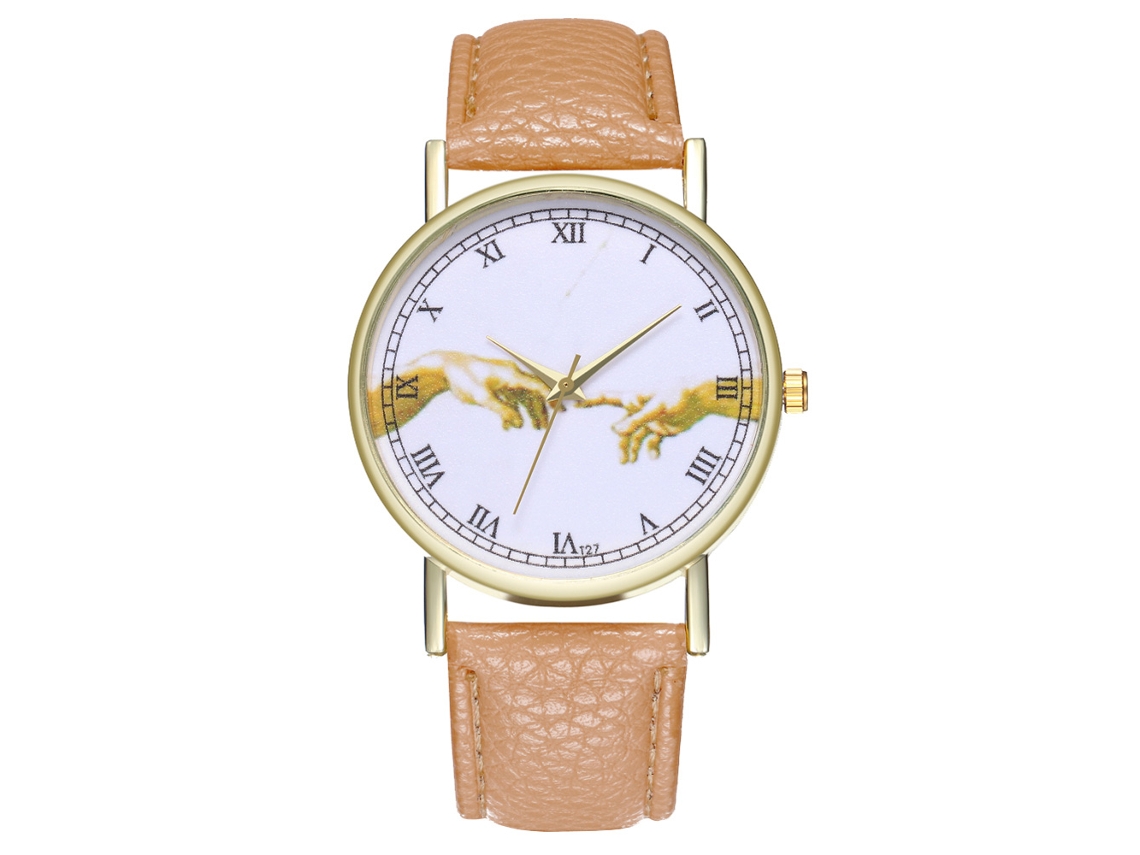 Relógio de pulso feminino clássico com pulseira de PU, movimento de quartzo analógico (bege)