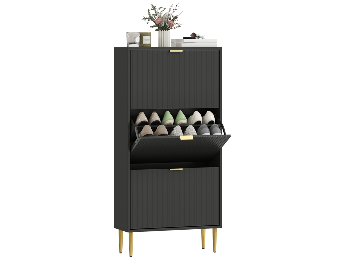 Armário de sapatos com 3 gavetas, portas caneladas e prateleiras ajustáveis 60x24x122,5cm preto | S/MARCA