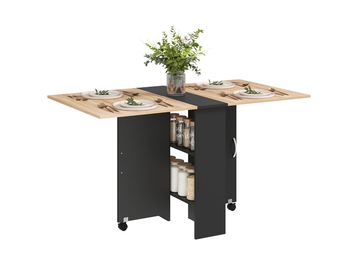 Mesa dobrável console para 4 a 6 pessoas com rodízios e prateleiras, 140x75x74 cm, carvalho e preto BTFORUS
