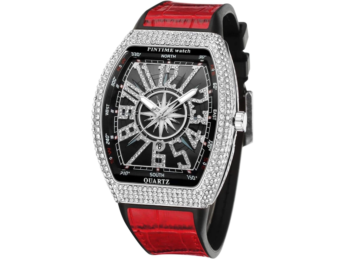 Lurelia Relógio Masculino, Data/calendário, Detalhes Com Strass, 55 Mm, 2,17 Polegadas, 210 Mm, 8,27 Polegadas, Borracha, Prata E Preto