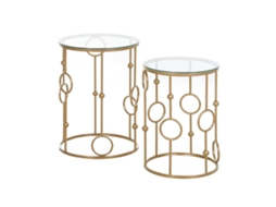 Conjunto De 2 Mesas Auxiliares De Centro Tampo Vidro Para Sala Design Esfera E Arco Ø41 X 57 Cm, Dourado