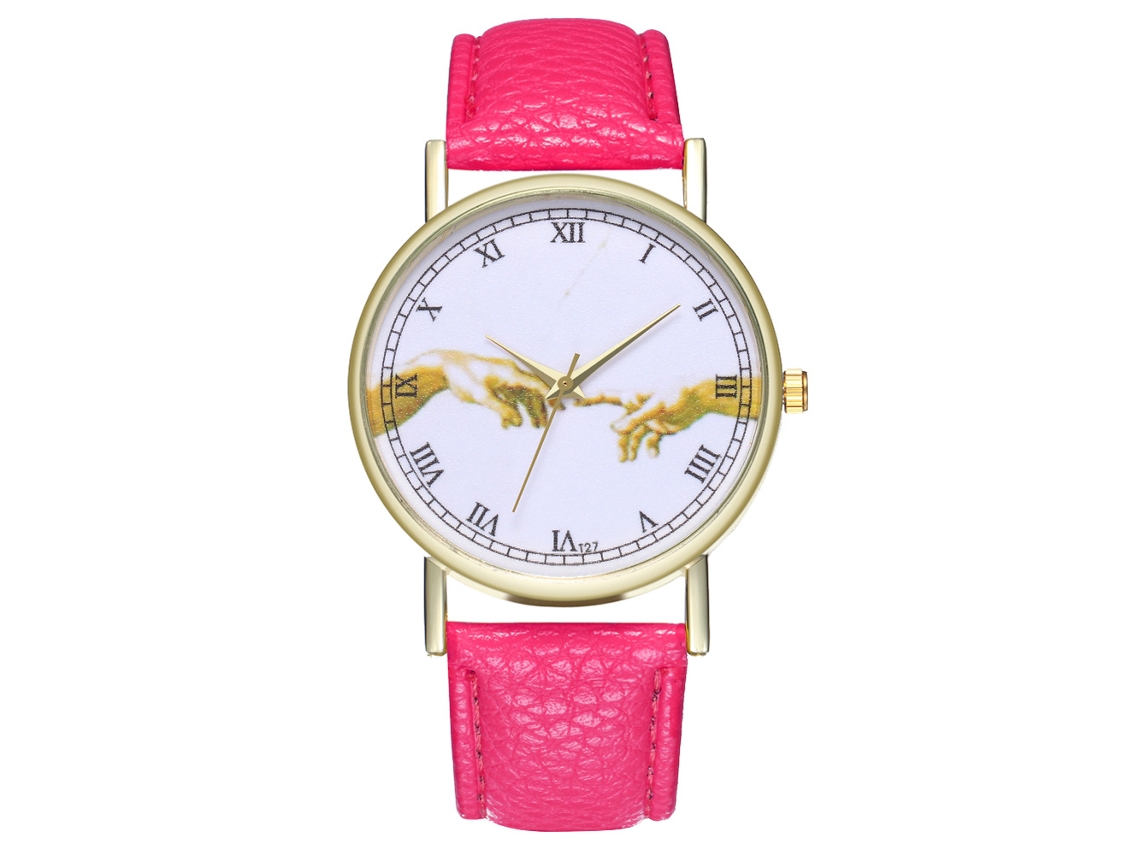Relógio de pulso feminino analógico de quartzo com pulseira clássica de PU com padrão (vermelho e rosa)