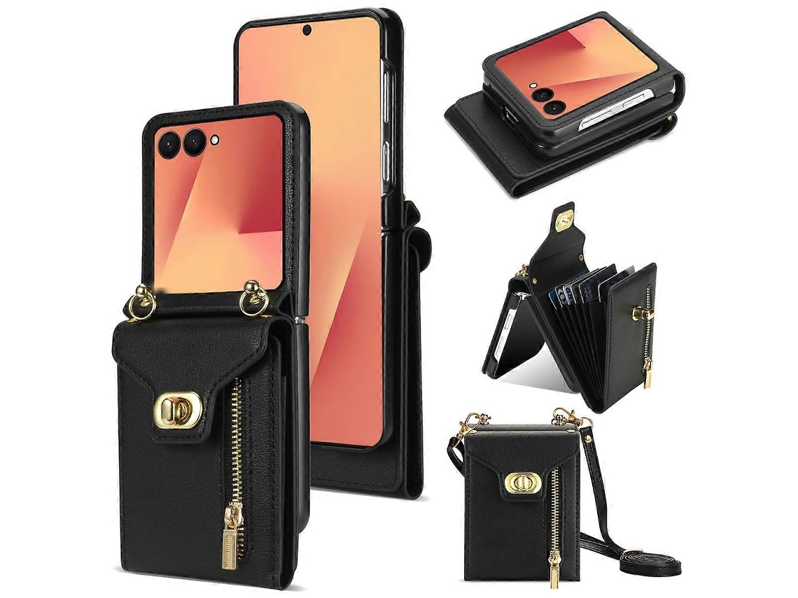 Capa Tkdaddy Para Samsung Galaxy Z Flip7 5g Com Zíper E Design Tipo Carteira, Capa De Celular Em Pu Com Alça Longa, Preta