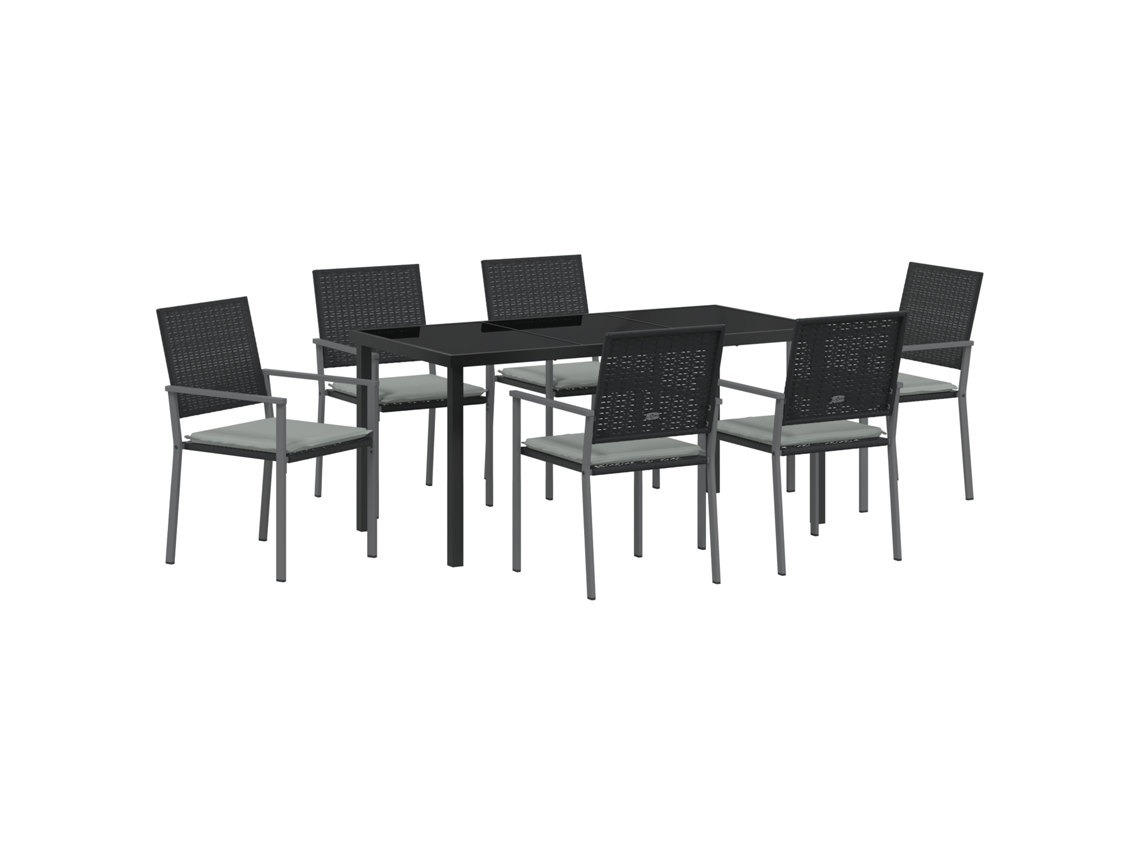 Conjunto 7 De Jantar De Jardim Com Vidaxl E Almofadas Preto Em Rattan Sintético