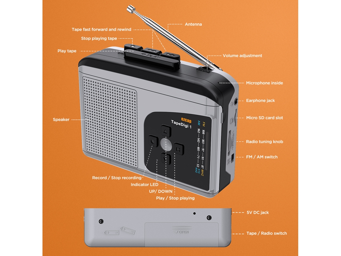 Gravador de Fita para Mp3 com Rádio Am/fm Portátil LAXISCREED