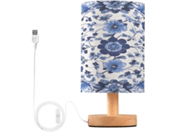 Abajur De Cabeceira Led Em Porcelana Azul E Branca Para Quarto, Com Cúpula De Tecido, Base De Madeira E Porta Usb, Ideal