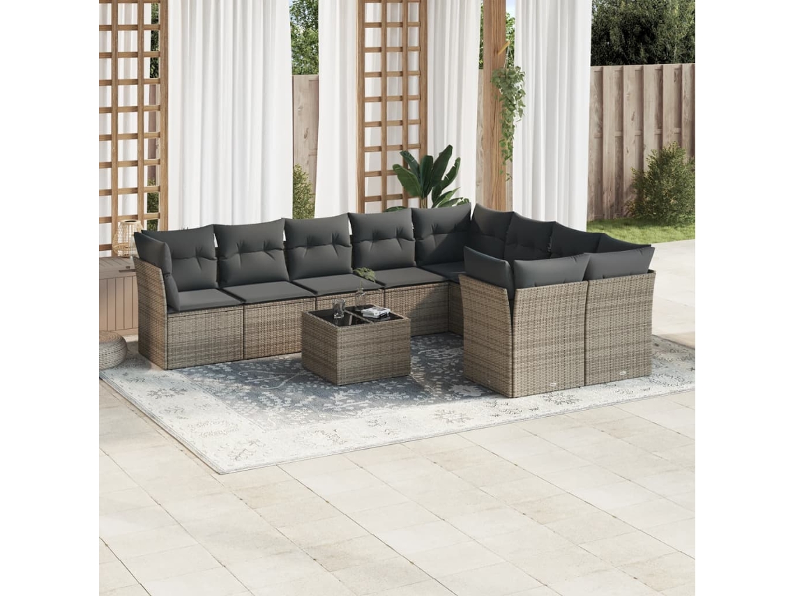 Vidaxl 10 Pcs Conjunto Sofás De Jardim C/ Almofadões Vime Pe Cinzento