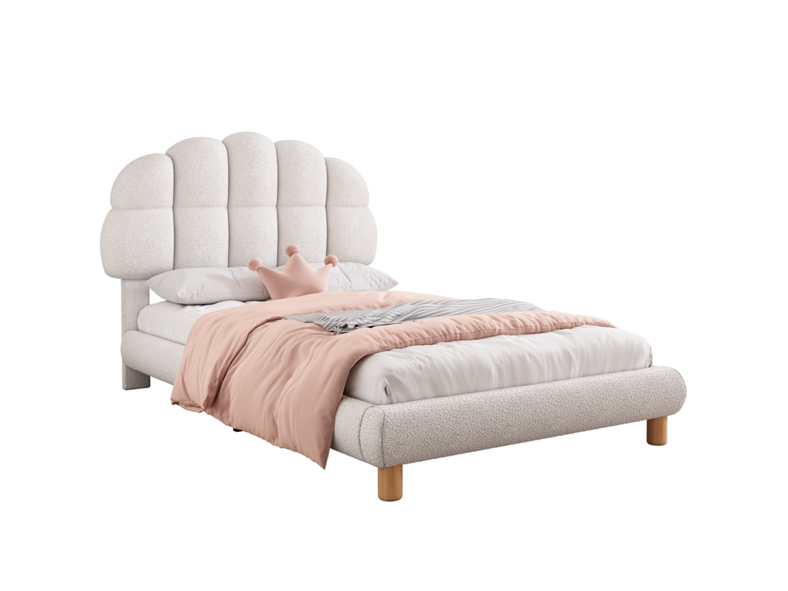 Cama de Solteiro PAPRIKA 90x200cm Estofada para Crianças e Jovens, Ripas em Madeira, acabamento Branco