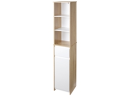 Armário De Banheiro Alto Com 1 Porta Gaveta E 3 Estantes Prateleira Ajustável Para Sala De De Cozinha 32,6x30x171,2 Cm Madeira Natural E Branco