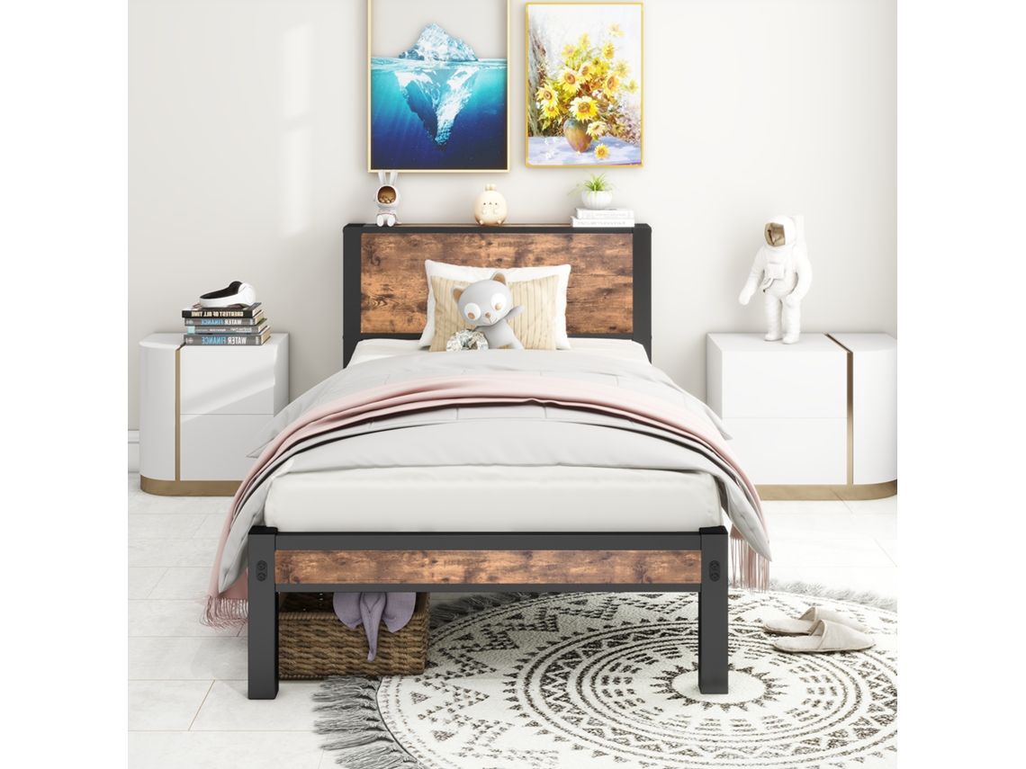 Cama De Metal 90x200 Cm Com Armazenamento Vintage Marrom