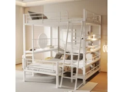 Cama Beliche, Estrutura Metálica, Cama Alta, 140*200, Cama Multifuncional Com Múltiplos Compartimentos De Armazenamento, Branca-op