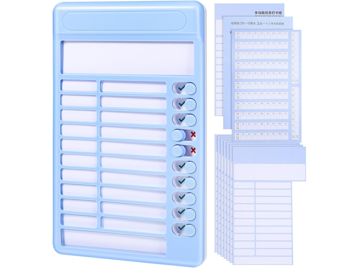 Quadro de tarefas azul apagável com deslizadores, suporte dobrável de plástico, planejador gráfico para escritório.
