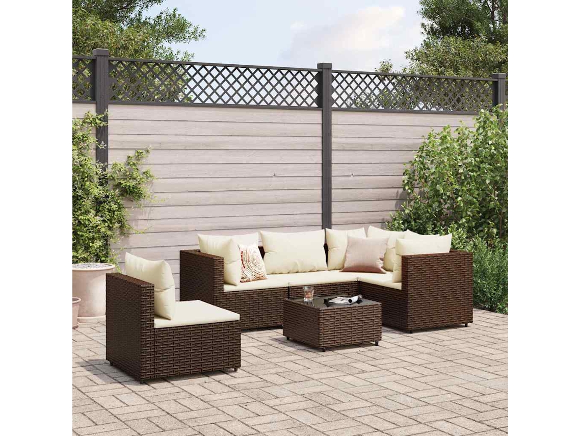 Vidaxl 6 Pcs Conj. Lounge Jardim C/ Almofadões 6 Pcs Vime Pe Castanho