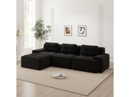 Sofá Modular Em L De 3 Lugares - Com Otomano, Estofado Em Veludo Cotelê - Preto