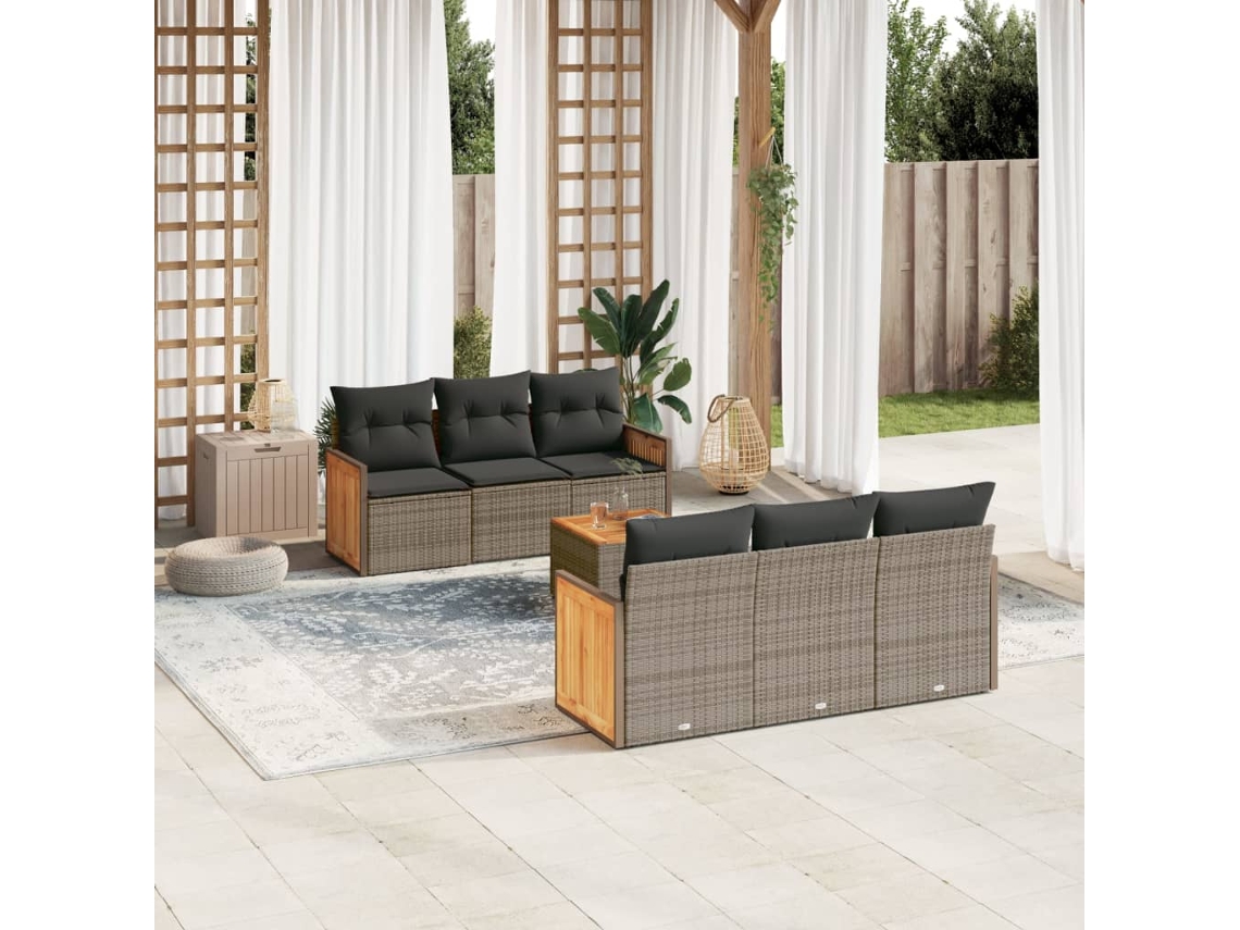 7 Pcs Conjunto Sofás P/ Jardim C/ Almofadões Vime Pe Cinza Dkd Home Decor