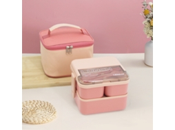 Lancheira Plástica Quadrada Com Divisórias Duplas E Bolsa Termoisolante (rosa Com Bolsa) 17*16*12,5cm